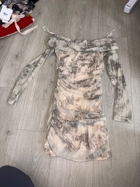 Princess Polly Beige and Gray Off-Shoulder Ruched Mini Dress